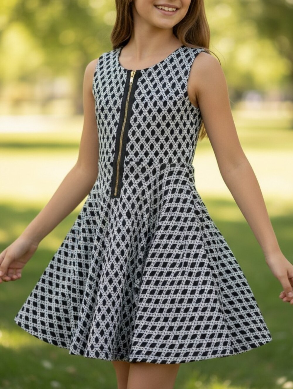 Pippa & Julie Textrued A-Line Zip-Front Dress in Black & White, Girls 8
